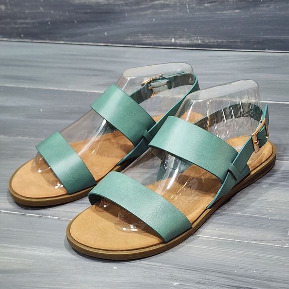 Journee Collection Shoes - Journee Lavine Sandals Size 7 Blue Wide Strap Gold Tone Buckle Flat Cushioned